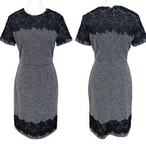 Karl Lagerfeld Gray Tweed Black Lace Short Sleeve Shift Dress Career Office sz 4
